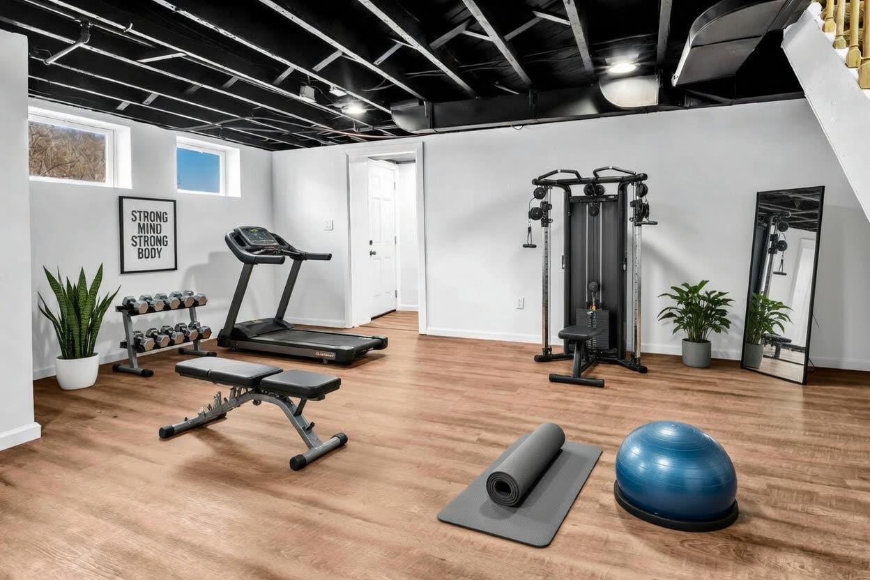 Basement after, finished home gym
