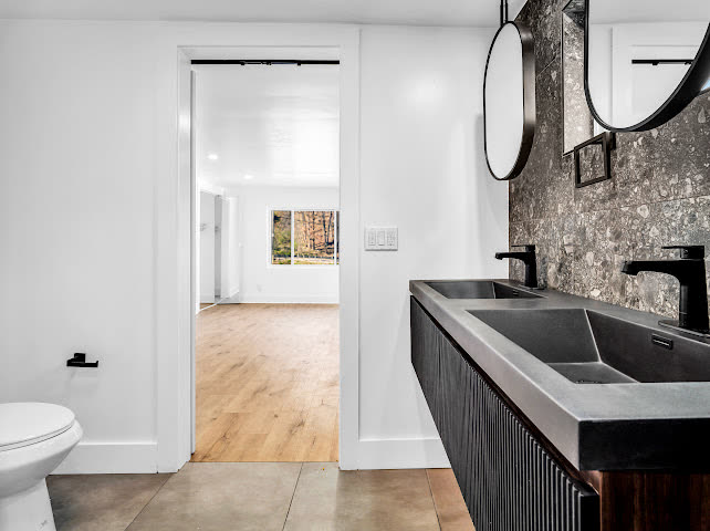 Bathroom after, modern stone vanity