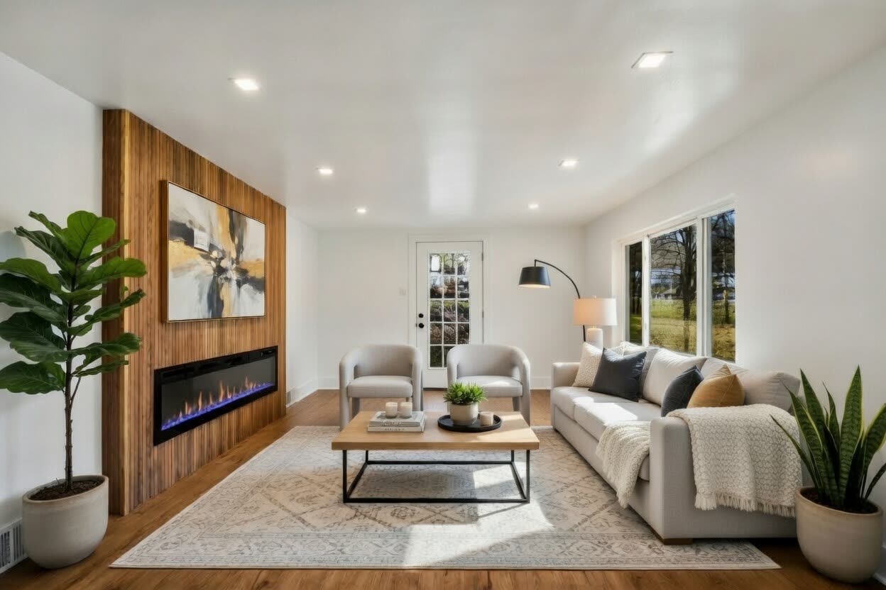 Living room after renovation, staged