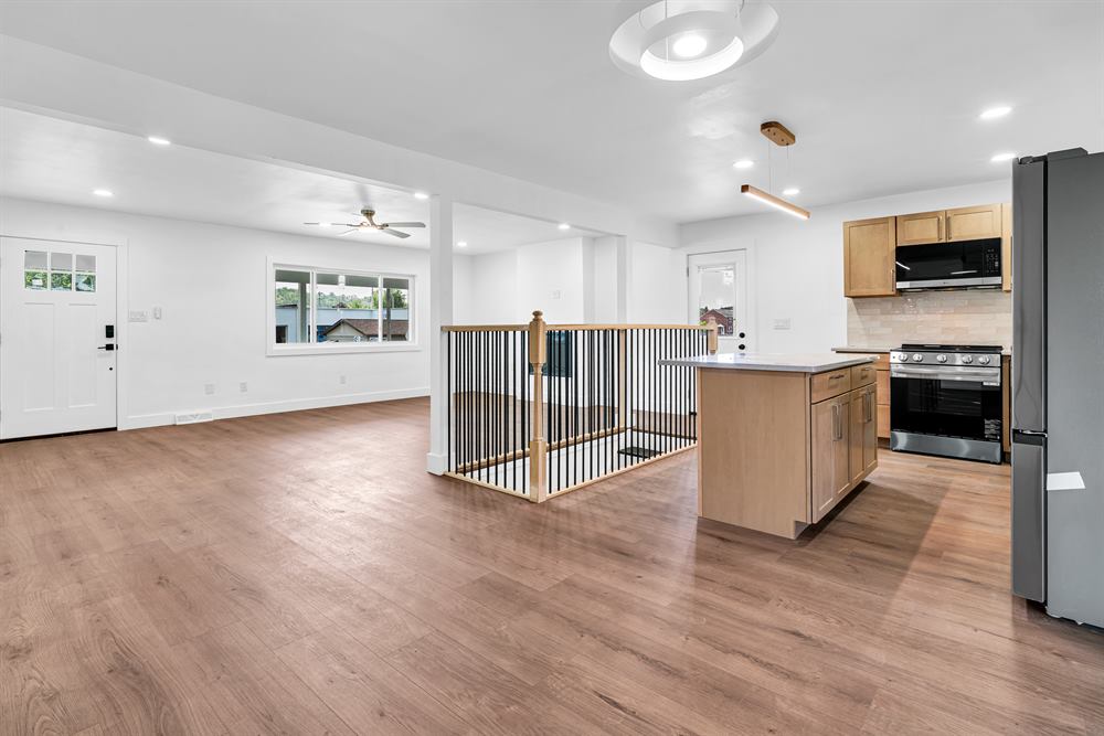 Open-plan living and kitchen with island